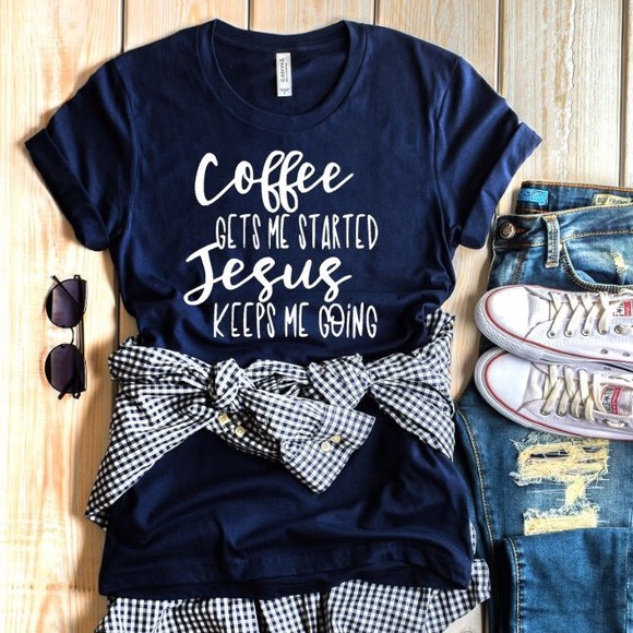 Plum Creek Boutique Tops - Coffee and Jesus Graphic Tee - Blue - NEW NWT